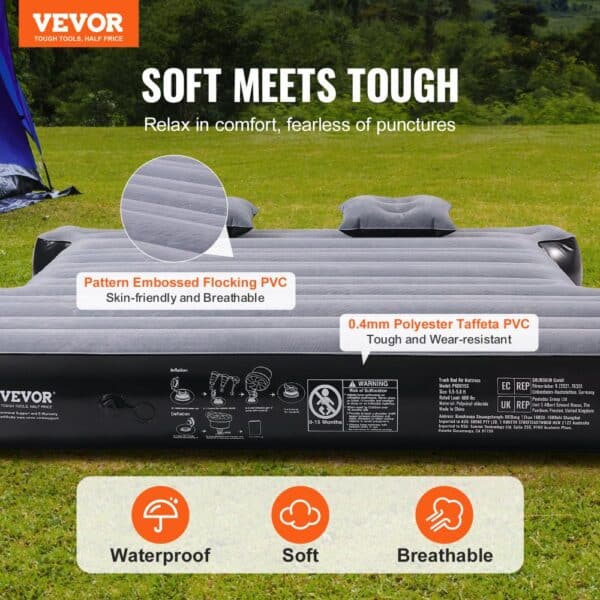 VEVOR truck bed air mattress, waterproof, soft, breathable, durable polyester taffeta pvc, outdoor camping.