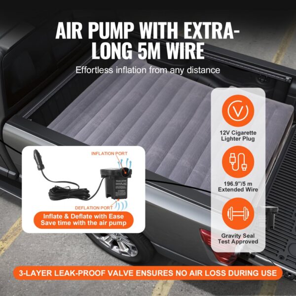 VEVOR truck bed air mattress with 5m wire air pump, 12v plug, and leak-proof valve for easy inflation.