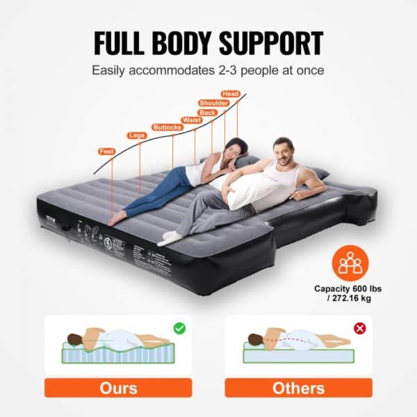 VEVOR truck bed air mattress showcasing full body support, accommodating 2-3 people with a 600 lbs capacity.