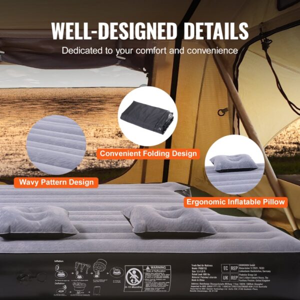 VEVOR truck bed air mattress with wavy pattern design, ergonomic pillows, and convenient folding feature.