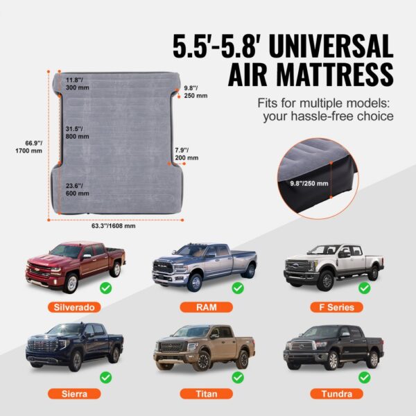 VEVOR truck bed air mattress fits silverado, ram, f series, sierra, titan, and tundra models.