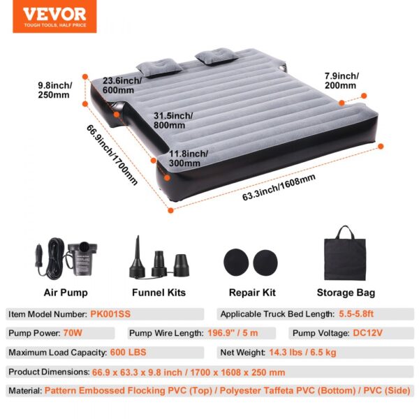 VEVOR truck bed air mattress with air pump, funnel kits, repair kit, storage bag, and dimensions.