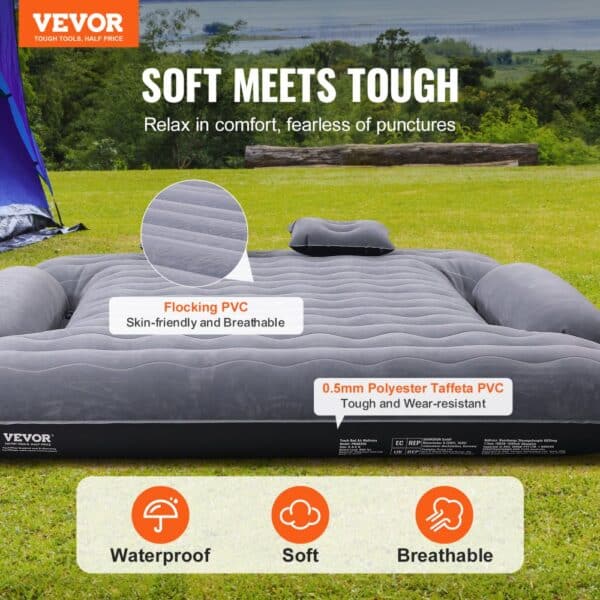 VEVOR truck bed air mattress with waterproof, breathable flocking pvc and durable polyester taffeta pvc.