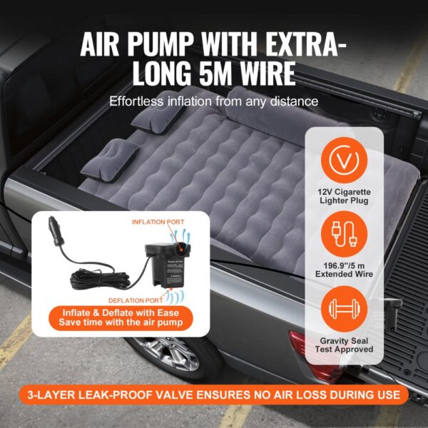 truck bed with inflated VEVOR truck bed air mattress, air pump with extra-long 5m wire for easy inflation.