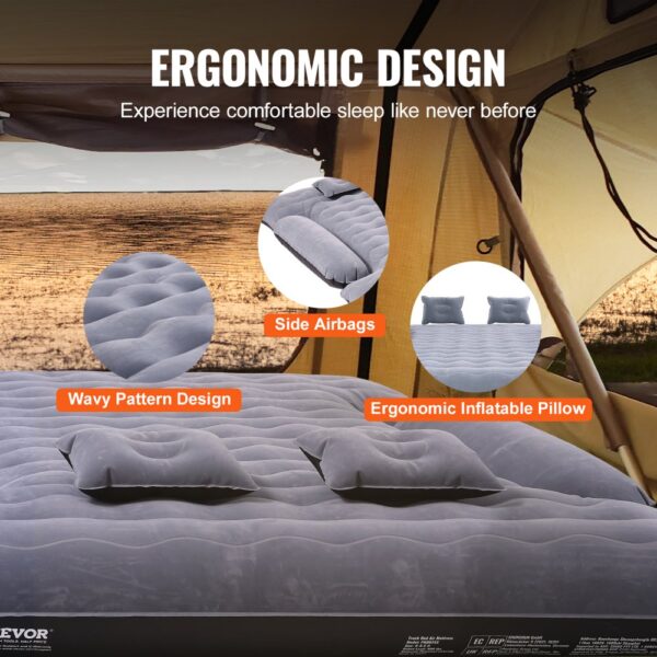 VEVOR truck bed air mattress with ergonomic design, wavy pattern, side airbags, and inflatable pillows