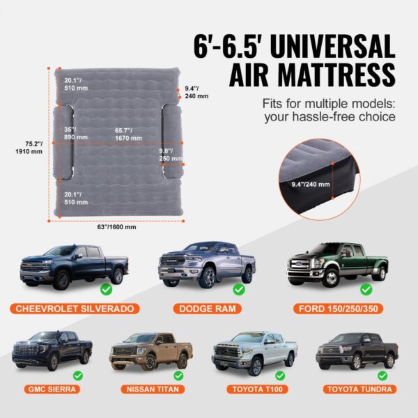 VEVOR truck bed air mattress, fits 6'-6.5' beds in chevrolet silverado, dodge ram, ford, gmc, nissan, toyota trucks.