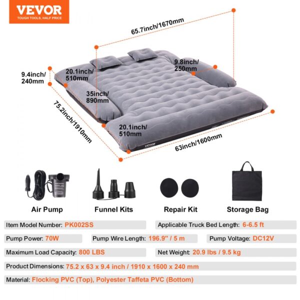 VEVOR truck bed air mattress with dimensions, air pump, funnel kits, repair kit, and storage bag.