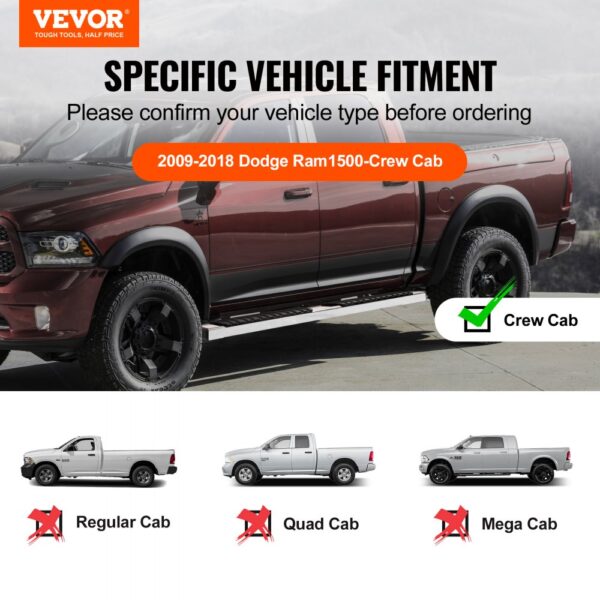 VEVOR vehicle fitment guide for dodge ram 1500 crew cab from 2009-2018.