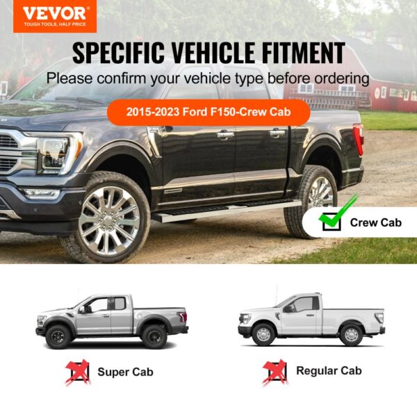 VEVOR running boards for 2015-2023 ford f150 crew cab, fit chart with images of vehicle types.