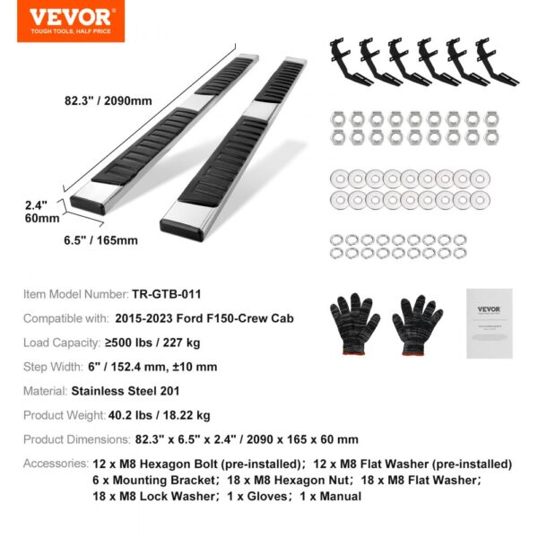 VEVOR running boards for 2015-2023 ford f150-crew cab with nuts, bolts, washers, brackets, gloves, manual.