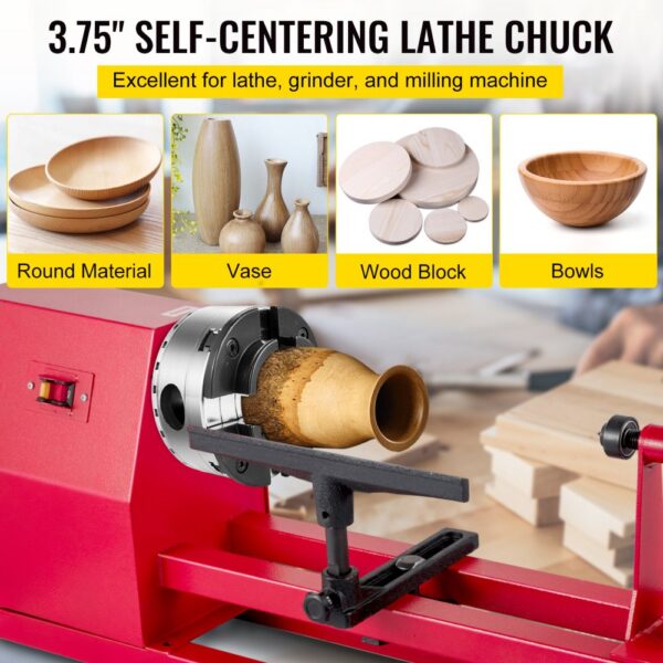 VEVOR woodturning chuck on red lathe displaying round material, vases, wood blocks, and bowls.