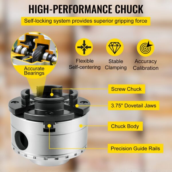 VEVOR woodturning chuck with 3.75" dovetail jaws, accurate bearings, and self-locking system.