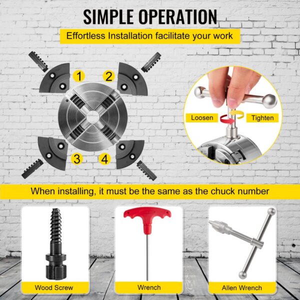 VEVOR woodturning chuck with easy installation steps, tools, and clear tightening guide.