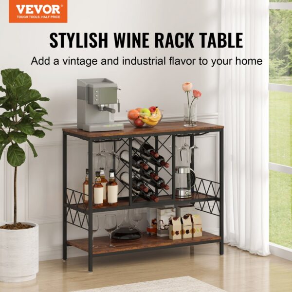 VEVOR wine bar cabinet in stylish room with wine rack, bottles, glasses, and a coffee maker.