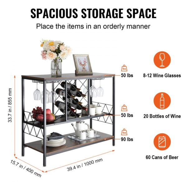 VEVOR wine bar cabinet with storage for wine glasses, bottles, and kitchen essentials neatly organized.