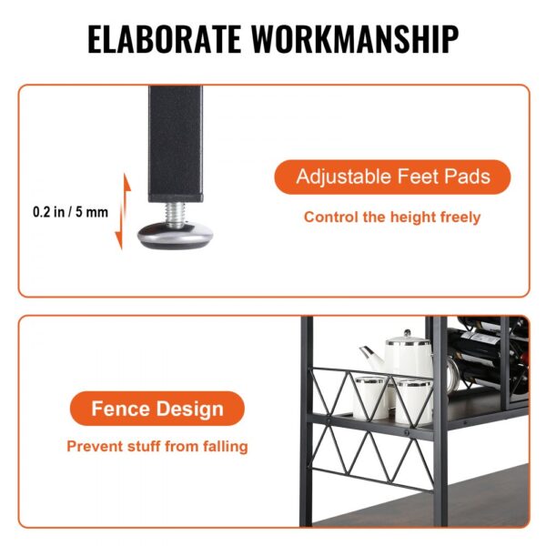 adjustable feet pads and fence design on the VEVOR wine bar cabinet ensure stability and safety.