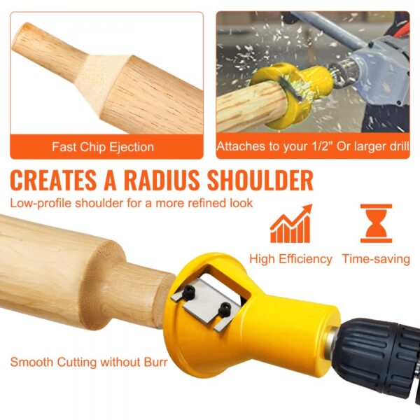 VEVOR tenon cutter attached to drill, creating radius shoulder on wood, showcases high efficiency.