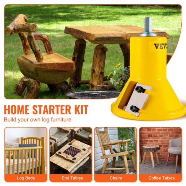 VEVOR tenon cutter for log furniture, home starter kit, featuring log bed, end table, chair, coffee table.