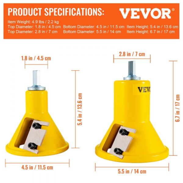 VEVOR tenon cutter product specifications with yellow tool measurements and weights in inches and centimeters.