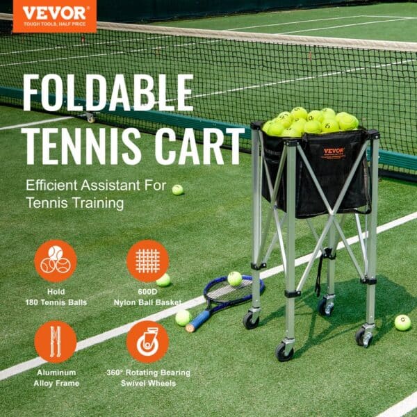 VEVOR tennis ball hopper on a tennis court, holding balls, with a net and racquet.