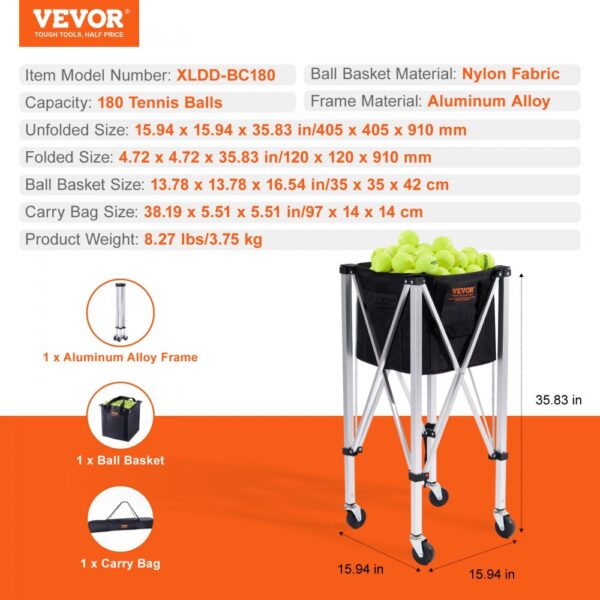 VEVOR tennis ball hopper holds 180 balls, nylon basket, aluminum frame, with carry bag, folded size 4.72x4.72x35.83 in.