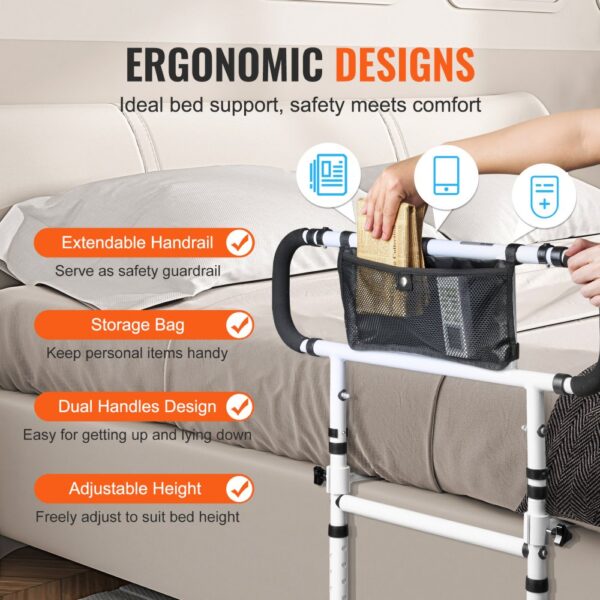 VEVOR bed rails with extendable handrail, storage bag, dual handles, and adjustable height for safety.