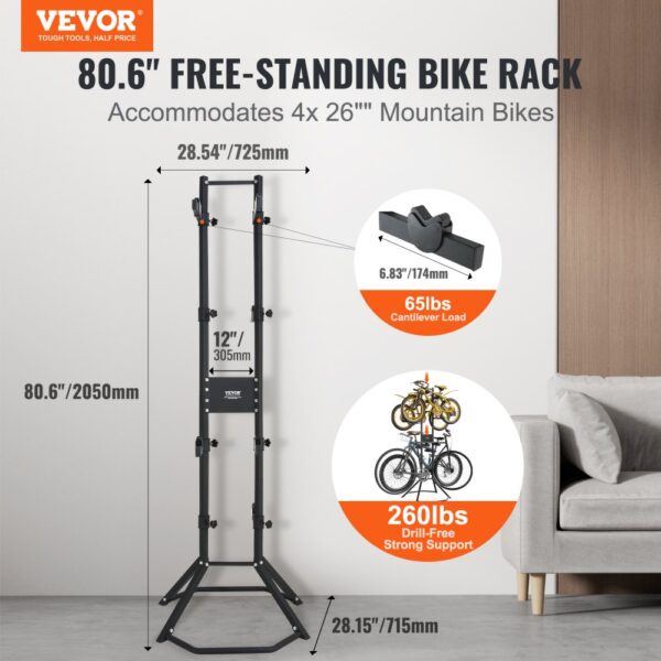 VEVOR bike storage rack holds 4 mountain bikes, free-standing, 80.6" tall, strong support up to 260 lbs.