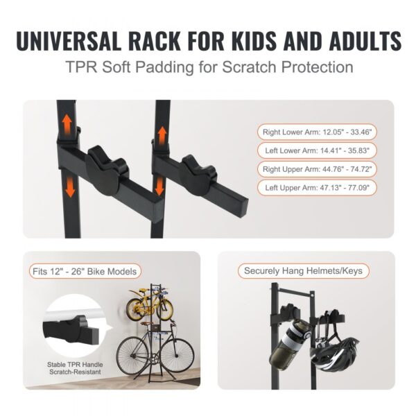 VEVOR bike storage rack, universal for all bike sizes, scratch protection, helmet, and key storage.