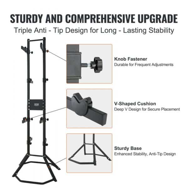 VEVOR bike storage rack with knob fastener, v-shaped cushion, and sturdy base for enhanced stability.