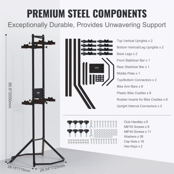 VEVOR bike storage rack components, including vertical uprights, legs, stabilizer bars, bike cradles, and hardware.