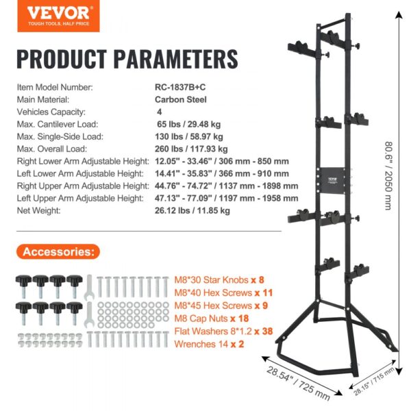 VEVOR bike storage rack, carbon steel, 4 vehicles, adjustable heights, 260 lbs max load, accessories list included.