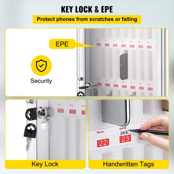 VEVOR cell phone cabinet with key lock, epe protection, and handwritten tags.