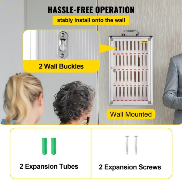 wall-mounted VEVOR cell phone cabinet with 2 wall buckles, expansion tubes, and screws.