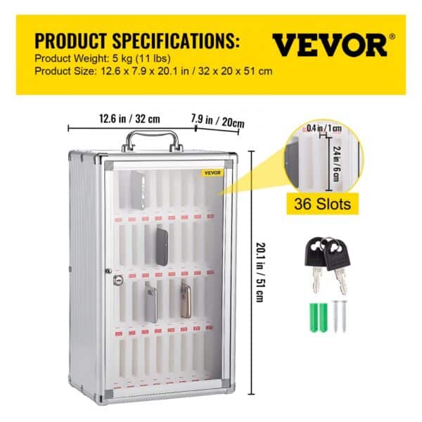 VEVOR cell phone cabinet with 36 slots, 12.6 x 7.9 x 20.1 inches, keys and screws included.