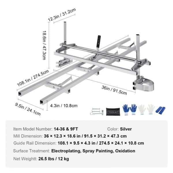 VEVOR Chainsaw Mill and Rail Mill Guide System, Portable Sawmill 14"-36" Guide Bar, 9ft Aluminum Saw Milling Rail Guide with Chainsaw Planking Mill for Woodworkers and Carpenters