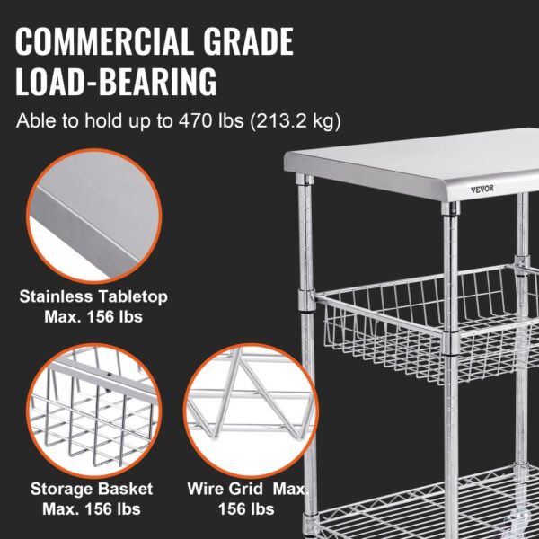 VEVOR Kitchen Utility Cart, 3 Tiers, Wire Rolling Cart with 470LBS Capacity, Steel Service Cart on Wheels, Metal Storage Trolley with 76mm Basket Curved Handle PP Liner 6 Hooks, for Indoor and Outdoor