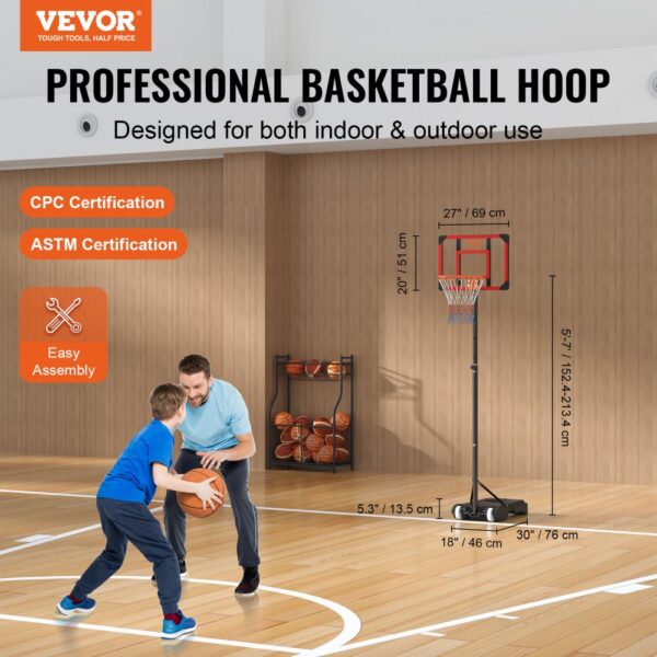 VEVOR basketball hoop for indoor and outdoor use, with easy assembly, cpc and astm certification.