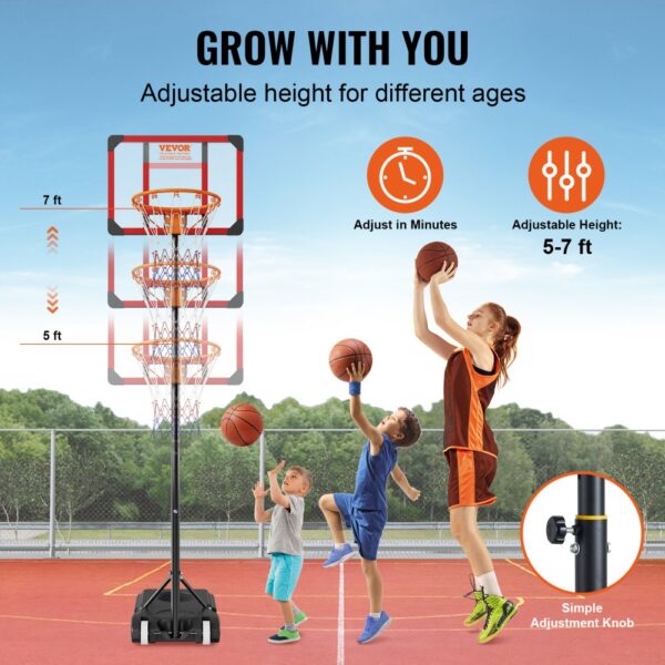 VEVOR basketball hoop with adjustable height mechanism, ranging from 5 to 7 feet, ideal for all ages.