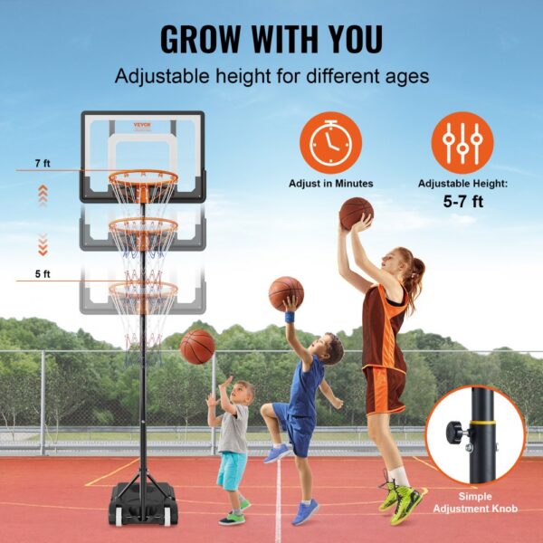 VEVOR basketball hoop with adjustable height for different ages, featuring easy adjustment knob.