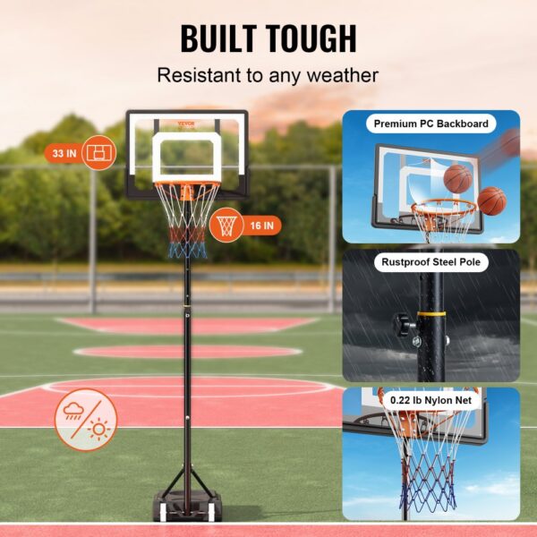 VEVOR basketball hoop with 33in premium pc backboard, 16in hoop, rustproof steel pole, and nylon net.