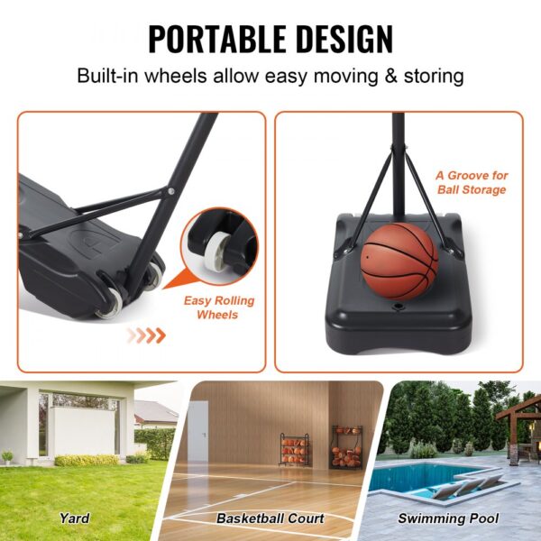 portable VEVOR basketball hoop with built-in wheels for easy moving, shown in yard, court, and by pool.