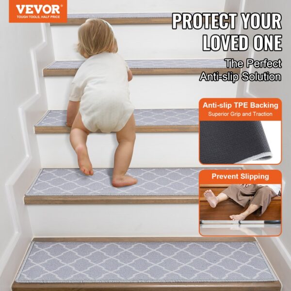 toddler on stairs with VEVOR stair treads, featuring anti-slip tpe backing for safety and traction.