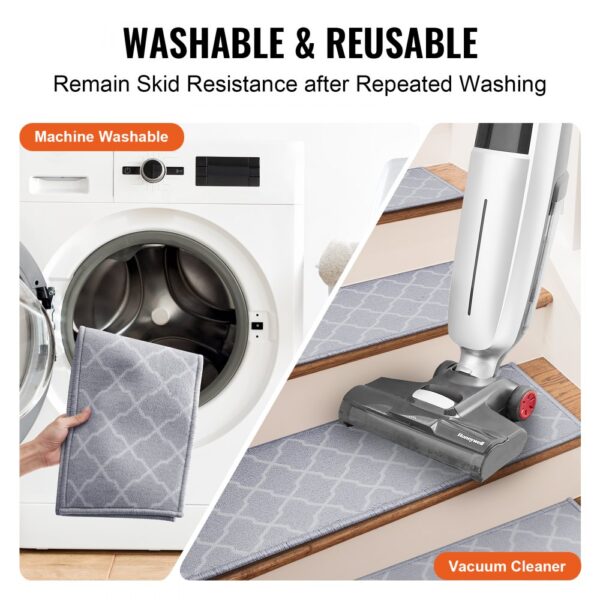 VEVOR stair treads: washable, reusable, skid-resistant, machine washable, easy to clean with vacuum.