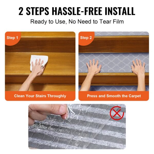 2 steps to install VEVOR stair treads: clean stairs, press and smooth carpet, no need to tear film.