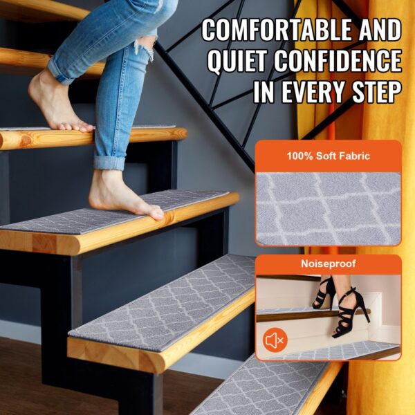 barefoot person stepping on VEVOR stair treads made of soft fabric, promoting comfort and noise reduction.