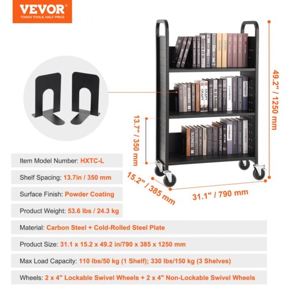 VEVOR Book Cart, 330 lbs Library Cart, 31.1" x 15.2" x 49.2" Rolling Book Cart, Single Sided L-Shaped Flat Shelves with 4-Inch Lockable Wheels for Home Shelves Office and School, Book Truck in Black