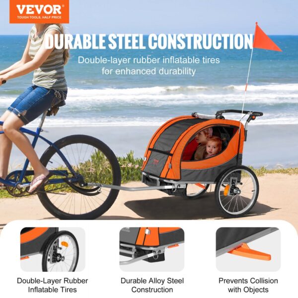 VEVOR Bike Trailer for Toddlers, Kids, Double Seat, 88 lbs Load, 2-In-1 Canopy Carrier Converts to Stroller, Tow Behind Foldable Child Bicycle Trailer with Universal Bicycle Coupler, Orange and Gray