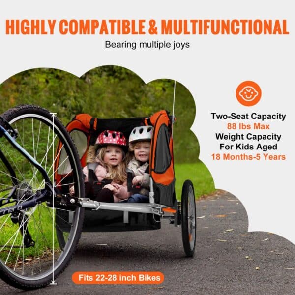 VEVOR Bike Trailer for Toddlers, Kids, Double Seat, 88 lbs Load, 2-In-1 Canopy Carrier Converts to Stroller, Tow Behind Foldable Child Bicycle Trailer with Universal Bicycle Coupler, Orange and Gray