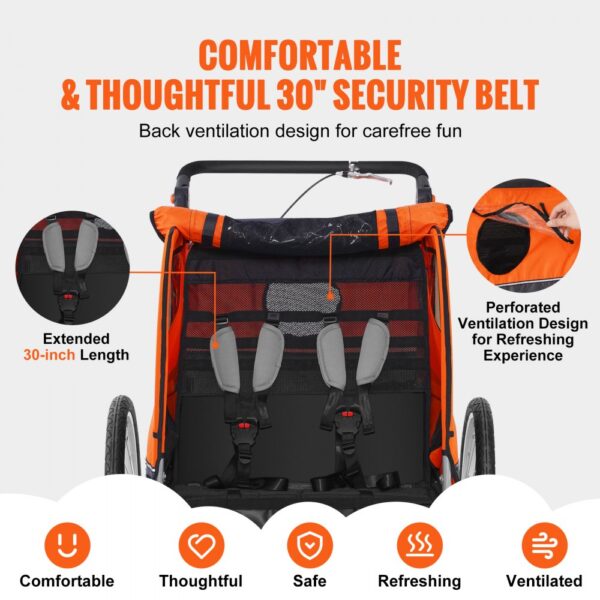 VEVOR Bike Trailer for Toddlers, Kids, Double Seat, 88 lbs Load, 2-In-1 Canopy Carrier Converts to Stroller, Tow Behind Foldable Child Bicycle Trailer with Universal Bicycle Coupler, Orange and Gray