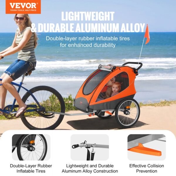 VEVOR Bike Trailer for Toddlers, Kids, Double Seat, 120 lbs Load, 2-In-1 Canopy Carrier Converts to Stroller, Tow Behind Foldable Child Bicycle Trailer with Universal Bicycle Coupler, Orange and Gray